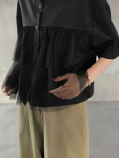 FRIFUL 女士夏季纯色层叠褶皱荷叶边拼接透视网纱宽松休闲百搭衬衫