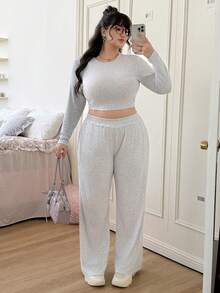 SHEIN EZwear 纯色圆领长袖紧身T恤和运动裤套装，秋冬款 - 淺灰色 - 查看 5