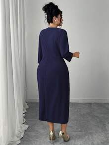 Modelyn Plus Size Women Solid Color Pleated Elegant Slim Waist Dress - Royal Blue - View 2