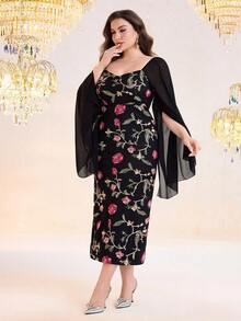 Modelyn Plus Size Elegant Party Floral Embroidery Patchwork Cape Sleeve Dress Party Wear Dresses For Women - Multicolor - View 4