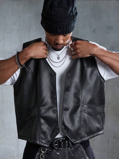 Street Life Men's Solid Color Minimalist Sleeveless Casual Street Leather Vest