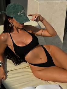 Swim SXY Women's Sexy Black Hollow-Out Backless Spaghetti Strap Brazilian Style One-Piece Swimsuit, Summer Beach Holiday - Black - View 2