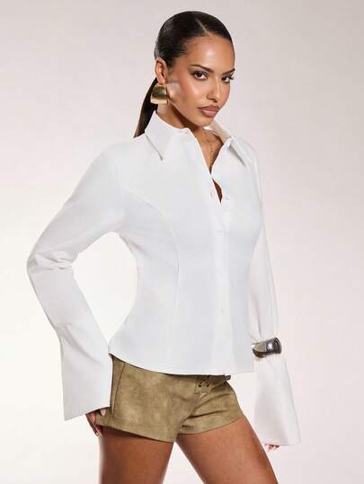 Normani 100% Cotton Collared Button Front Elongated Cuff Long Sleeve Shirt Cute Fall Top For Women, Office, Back To School, Autumn, Winter