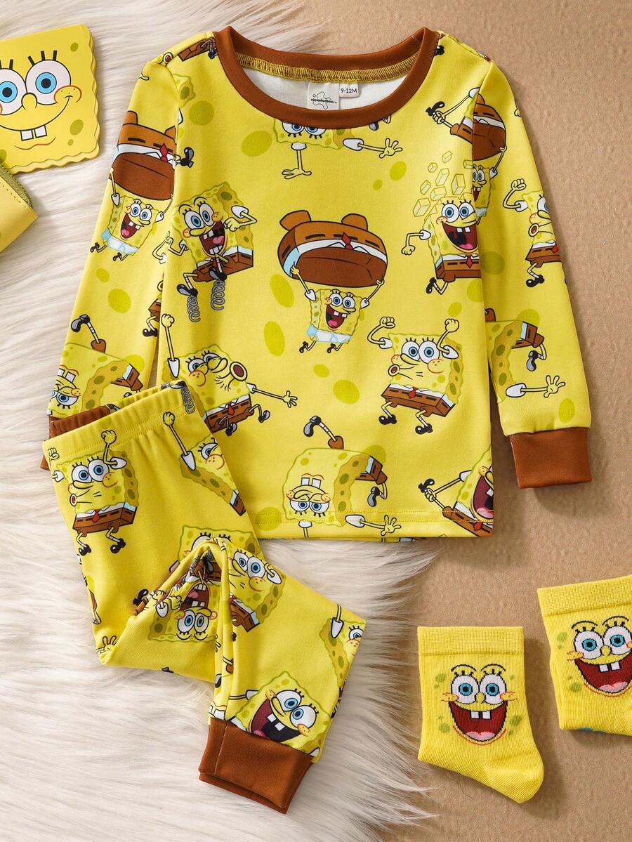 SpongeBob SquarePants | SHEIN Set de pijama de 2 piezas con top de manga larga de cuello redondo y leggings de estilo casual para bebé niño - Amarillo - Ver 1
