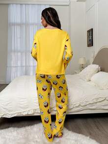 SpongeBob SquarePants | SHEIN Women Cartoon Cute Funny Face Print Crew Neck Long Sleeves Top And Pants, Fall/Winter Women Pajamas Clothes Set Yellow Outfit Cartoon Pajamas Clothes Women - Yellow - View 2