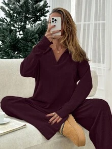 SHEIN Women's Brushed Ribbed Set, Casual, Chic - Burgundy - View 5