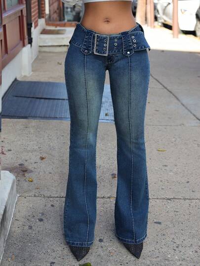 Jeanoix Jeans de pierna acampanada de talle bajo lavados estilo Y2K