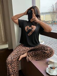 Dream Adore Plus Size Women Leopard Print Casual Round Neck Short Sleeve Pajama Set - Multicolor - View 1