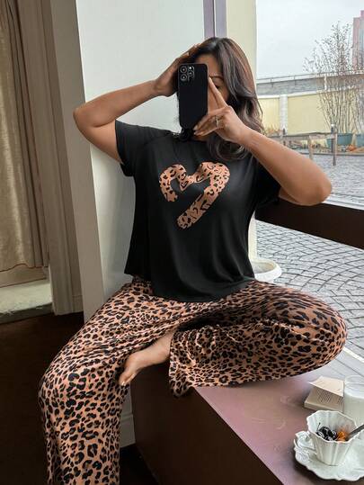 Dream Adore Plus Size Women Leopard Print Casual Round Neck Short Sleeve Pajama Set