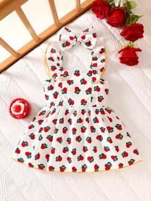 SHEIN 2件套女婴可爱水彩花卉印花无袖连衣裙和发带套装，夏季 - 紅色 - 查看 8