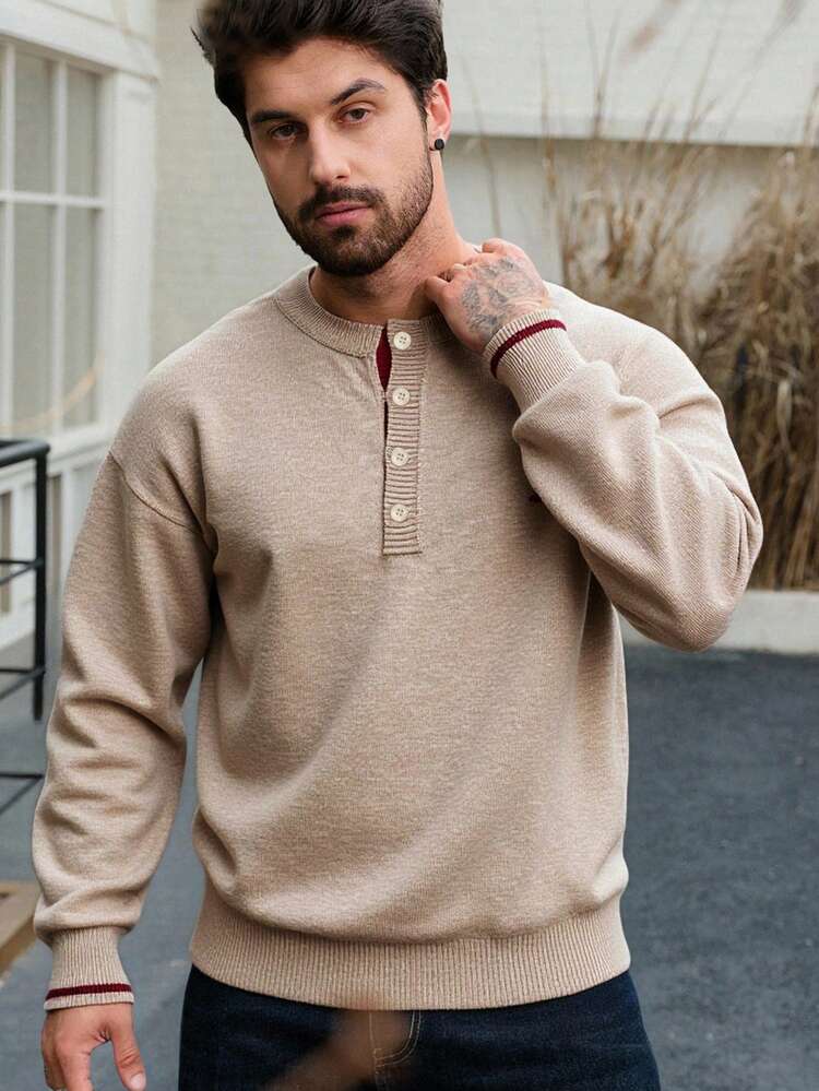 Men's Khaki Patterned Embroidered Colorblock Burgundy Collar Sweater, Spring