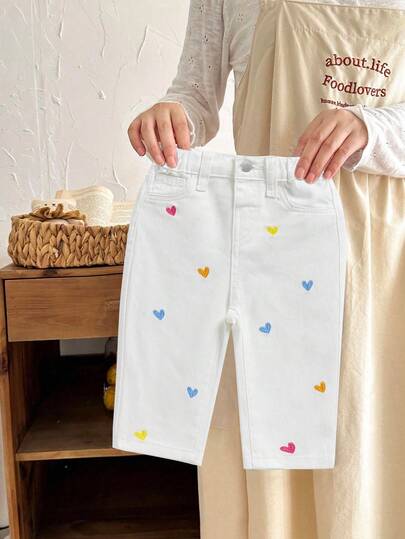 SHEIN Baby GirlColorful Heart Embroidered Loose Flare Jeans