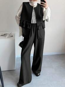 FRIFUL Women's Solid Color Layered Ruffle Hem Commuter Vest And Straight Leg Suit Pants Set - Black - View 1