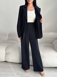 Modelyn 女士翻领长袖单扣西装外套和裤子优雅套装 - 藏蓝色 - 查看 8