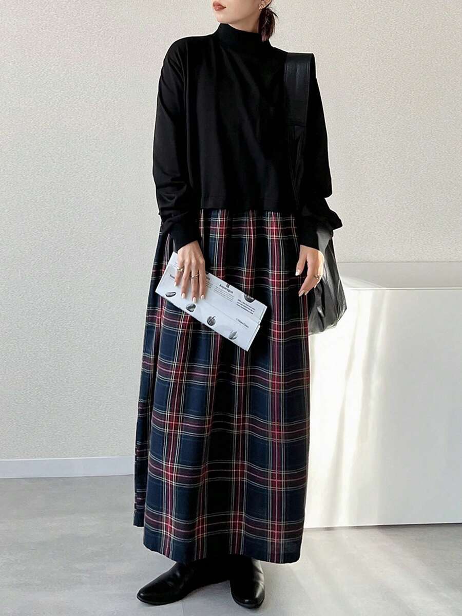 FRIFUL 女士休闲通勤格子拼接二合一长裙