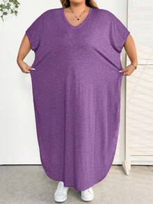 SHEIN CURVE+ 大码女式时尚通勤休闲口袋设计分体睡袍，春夏款 - 紫色 - 查看 9