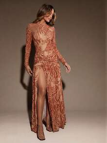 Hauture Roupas de Inverno para Mulheres, Vestido Elegante e Sexy de Ajuste Slim com Estampa Abstrata Marrom em Tela, com Fendas Altas e Mangas Longas, Vestido Longo, Vestido Longo. Para Noite de Encontro, Concertos, Apresentações, Casamento, Festas, Boates, Eventos, Vestido Formal - Multicolorido - Visão 4