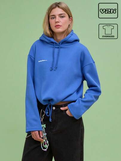 COUREZ Unisex Women Men Oversized Washed Blue Hoodie With Graphic Print Y2K Vintage