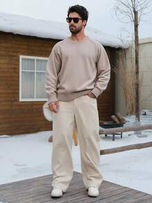 DAZY Men's Solid V-Neck Khaki Sweater, Spring/Autumn - Khaki - View 3