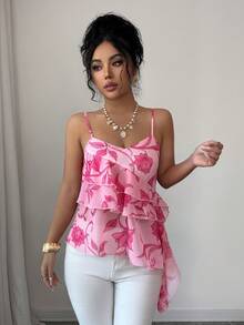 SHEIN Elenzya 印花V领拼接不对称荷叶边下摆女式吊带衫 - 粉色 - 查看 9