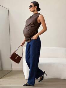 MaterniWear Maternity Clothes Maternity Tops Elegant Office Attire For Commuting Summer Ancient Tie-Dye Printed Camisole, Dark Brown Top, Brown Top, Women's Leather Top, Turtleneck Top, Sleeveless Top - Brown - View 5