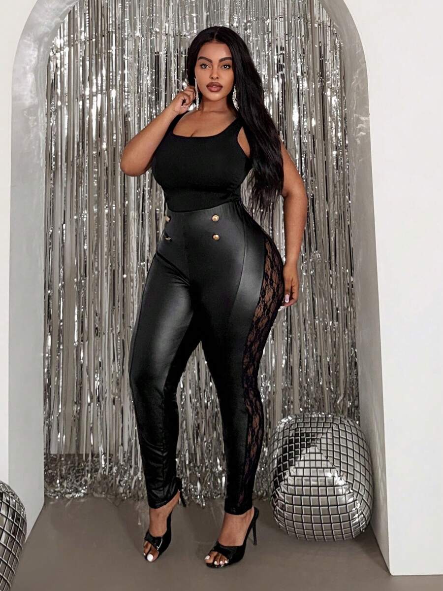 Slaydiva Quần bó sát cạp cao màu đen phối ren PU thanh lịch và gợi cảm mới dành cho nữ - màu đen - Xem 1