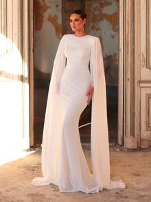 Aureia Elegant And Glamorous White Sequined Lace Trim, Stretchy Padded Knit, Round Neck, Wide Shoulders, Flowing Sleeves, Mermaid Dress With Train. Suitable For Weddings, Bridal Gowns, Formal Occasions, And Wedding Dresses., Valentine's Day - White - View 7