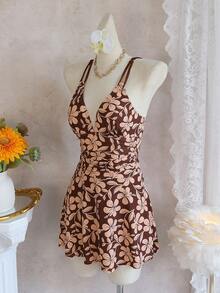 Swim Lushoire Women's Beach Music Festival Spring/Summer Floral Print Double Shoulder Strap Gathered Cinched Waist Mature Fashion Swimsuit - Multicolor - View 6