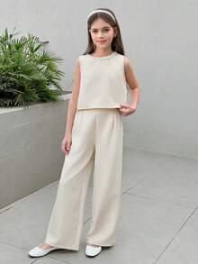 Firerie Kids Tween Girl 3D Beaded Sleeveless Top And Wide Leg Pants, 2 Pieces Summer Outfit, Fashionable & Elegant - Apricot - View 4