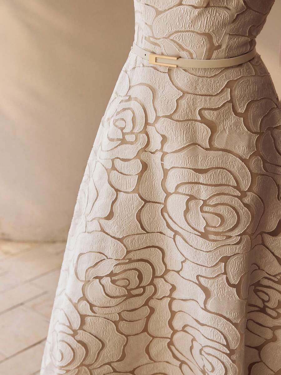 MOTF PREMIUM ELEGANT FRENCH STRAPLESS ROSE FLORAL A-LINE DRESS FOR LADIES - White - View 2