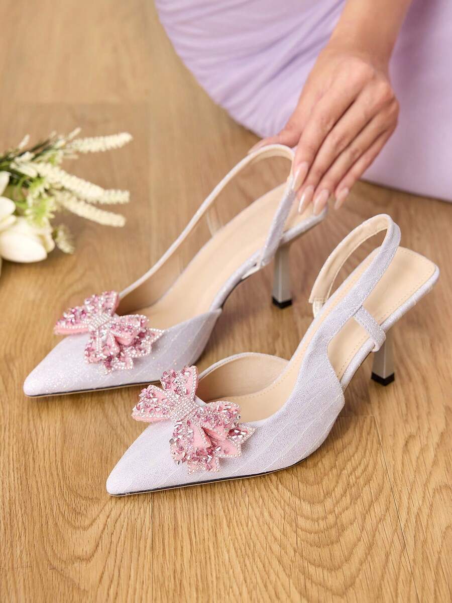 CUCCOO HITCHD 女士时尚优雅派对水钻蝴蝶结装饰高跟鞋 - 銀色 - 查看 1
