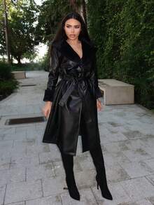 Durrani Popal 女士休闲长款蓬松 PU 皮革拼接风衣，秋季