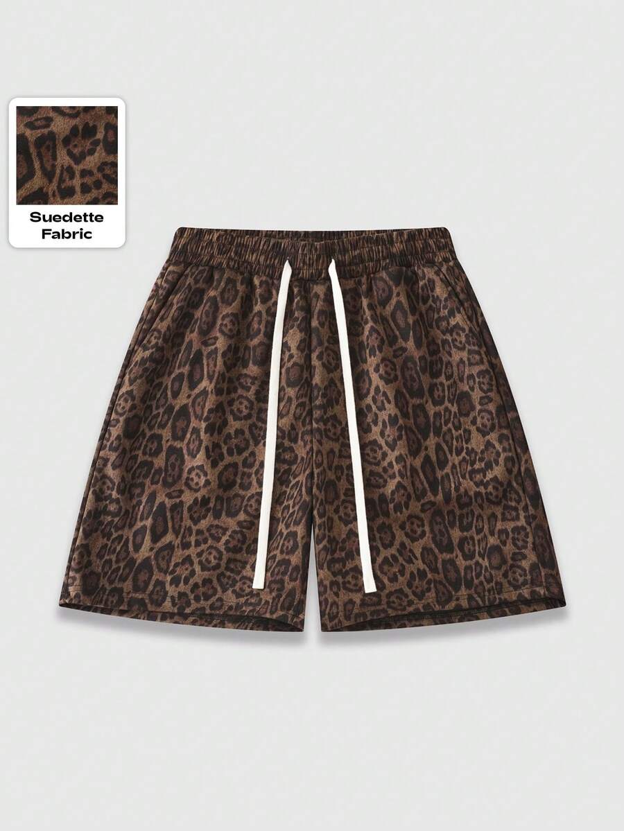 ROMWE MEN 男士抽绳腰带豹纹宽松休闲通勤短裤 - 棕色 - 查看 1