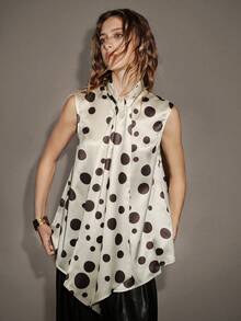 Lumivelle Valentine's Day Women's Fashion Stand Collar Neck Tie Sleeveless Loose Polka Dot Print Casual/Work Shirt Polka Dot Top Top With Scarf Polka Dot Outfit White Top Sleeveless Top - Apricot - View 4