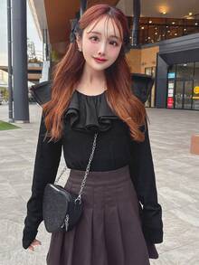 FRIFUL Women's Solid Color Crew Neck Ruffle Hem Elegant Long Sleeve T-Shirt - Black - View 7