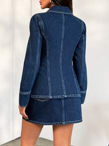 SHEIN Women's Casual Front Button Waist Denim Top And Denim Skirt Set, Autumn - Dark Wash - View 2