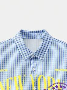 SWAVVY Camisa corta holgada con estampado de cuadros y patrón de cera goteada de moda casual para hombres de talla estándar - Azul - Ver 4