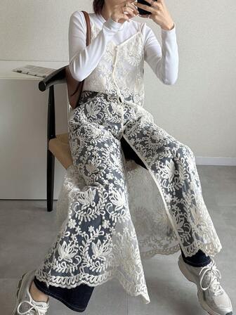 FRIFUL Women's Embroidered Floral Organza Maxi Slip Dress