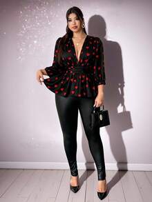 Viva Relle 大码女士性感V领灯笼袖爱心印花衬衫 - 黑色 - 查看 2