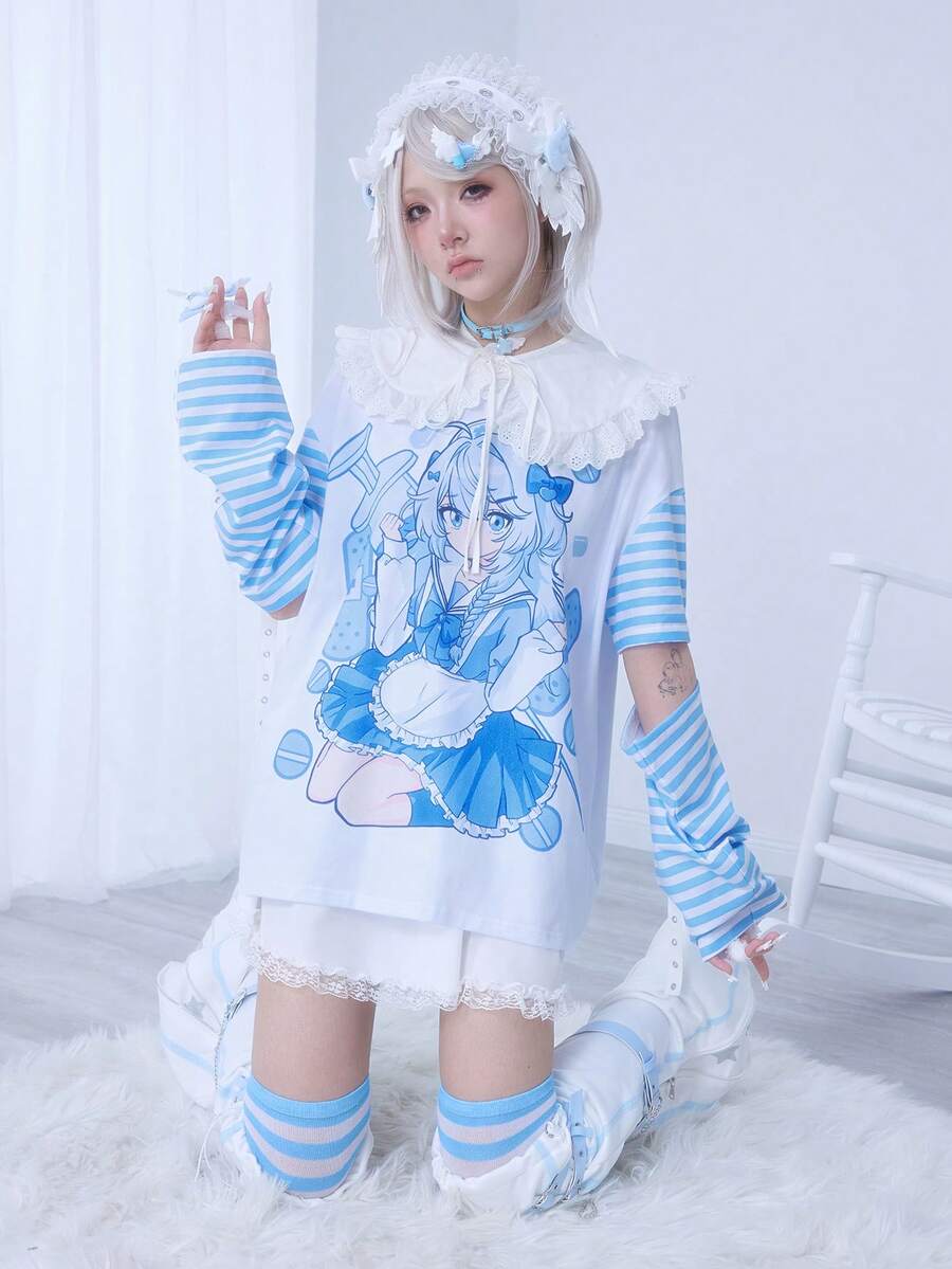 ROMWE EDITION Áo thun nữ dáng rộng in họa tiết sọc tương phản, phong cách anime dễ thương kiểu Yandere. - trắng - Xem 1
