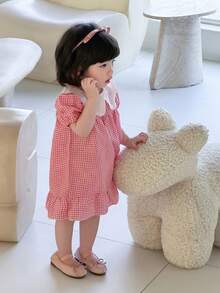 1pc Baby Girls' Summer Pink Checkered Puff Sleeve Dress,Delicate White Embroidered Collar,Loose Fit Ruched Hem,Sweet Cute Pastoral Picnic Dress,2025 - Pink - View 8