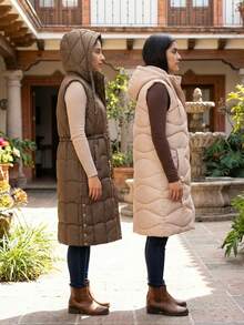 Mujer chaleco casual largo acolchado diseño geométrico tela térmica holgado con capucha sin mangas otoño invierno uso diario chaleco - Multicolor - Ver 2