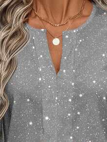 EMERY ROSE Women's Casual Elegant Notched Collar Lantern Sleeve Blouse, Suitable For Spring And Autumn Spring,New Year Clothes,,Party Top - Silver - View 5