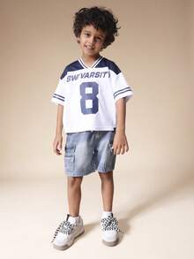 SUMWON Oversized Jersey Varsity T-Shirt With Number Print And V-Neck For Boys Casual Comfort Wear Vacation - Blue and White - View 3