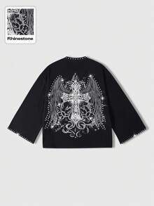 ROMWE MEN 男士休闲十字翅膀图案圆领T恤 - 黑色 - 查看 1