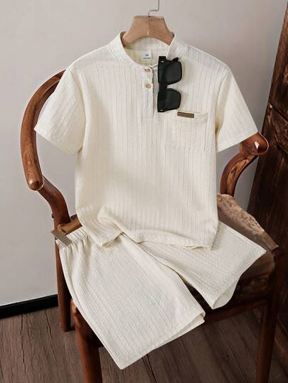 2pcs Boys Stand Collar Half-Zip Chest Pocket Jacquard Solid Color Short Sleeve Shorts Set, Comfortable Fabric, Suitable For Outdoor & Indoor Wear, Casual & Fashionable, Ideal For Summer