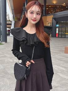 FRIFUL Women's Solid Color Crew Neck Ruffle Hem Elegant Long Sleeve T-Shirt - Black - View 6