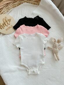 3pcs/Set Bodysuit Lengan Pendek Rajut Minimalis Kasual Elastis Warna Polos dengan Kancing di Selangkangan, Cocok untuk Musim Panas - MultiWarna - View 3