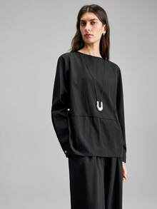 Ontre 2026 Spring/Summer New Black Tie-Up Slimming Versatile Round Neck Fashionable Long Sleeve Women's Top, Suitable For Valentine's Day, Carnival, Women's Beach & Party Elegant Wear - Black - View 3