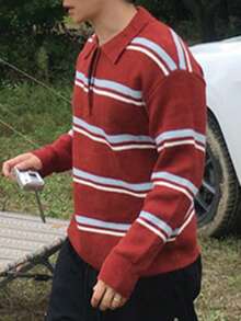 DAZY Spring Men's Striped Polo Neck Sweater With Red Base And Blue & Yellow Stripes - Multicolor - View 9